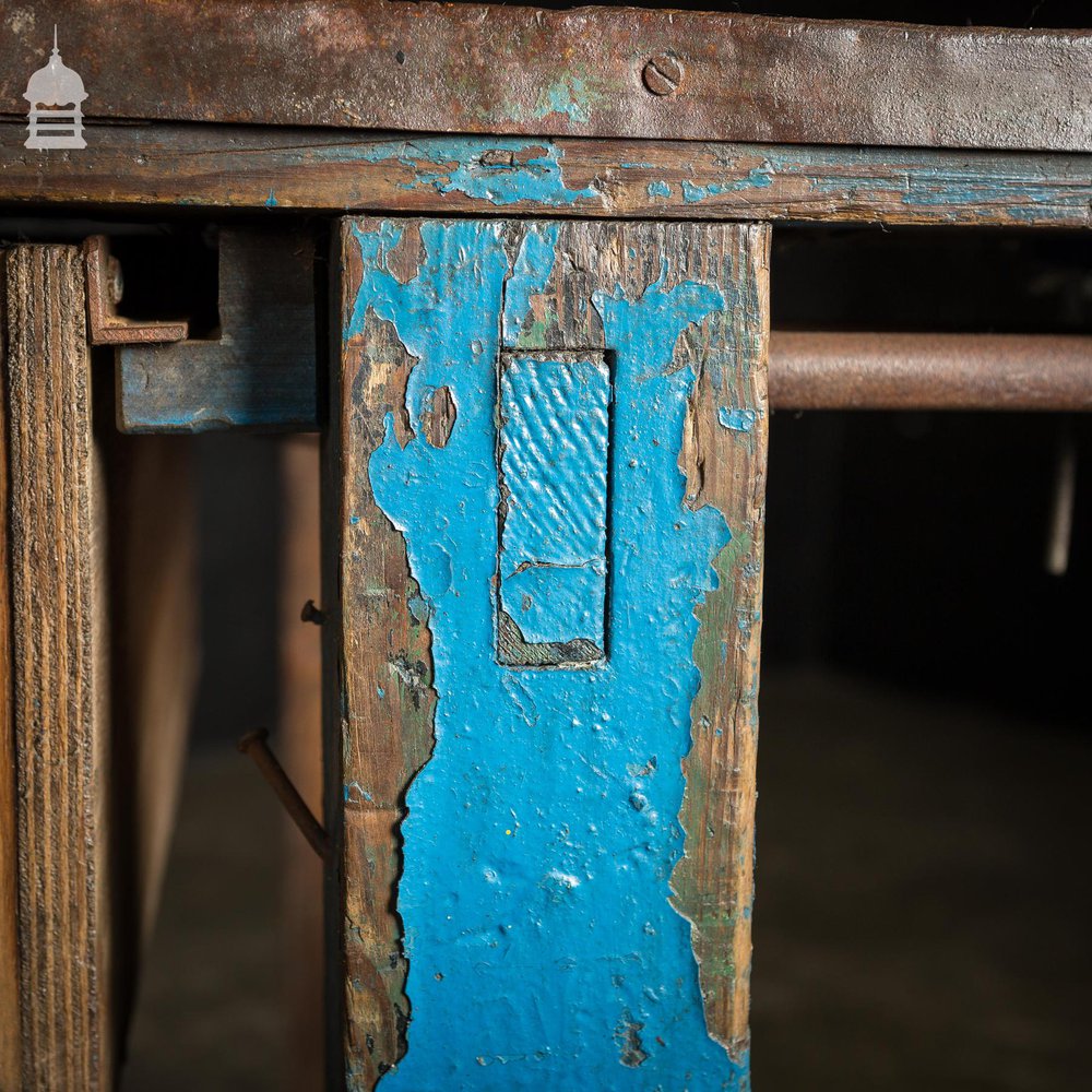 Industrial Blue Workshop Table Workbench with Steel Wrapped Top and Vice