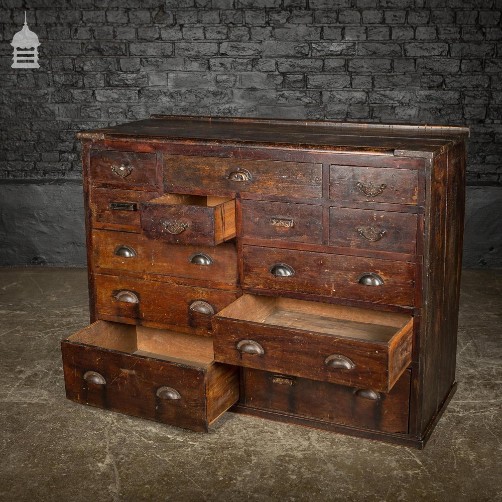 Edwardian Distressed Pine Workshop Bank of Drawers