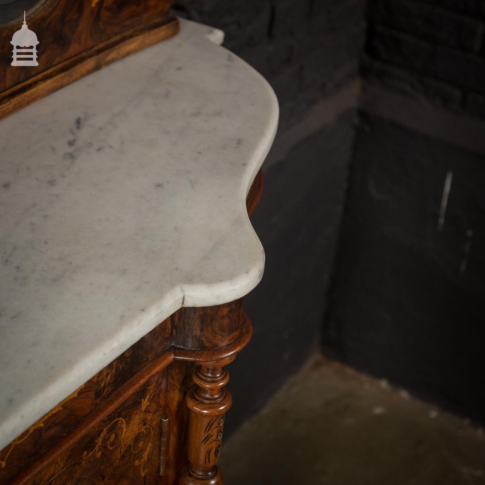 Stunning 19th C Inlaid Rosewood Marble Topped Credenza with Mirror Base and Raised Mirrored Back