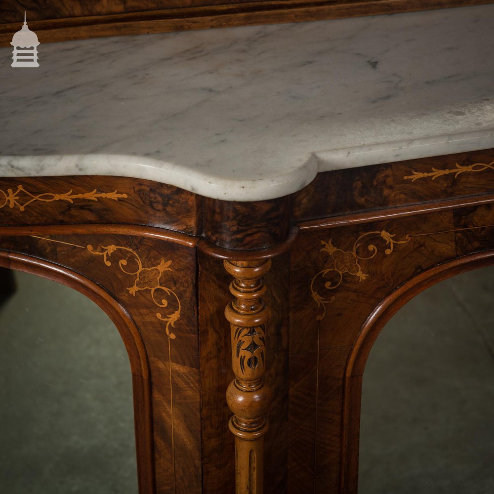 Stunning 19th C Inlaid Rosewood Marble Topped Credenza with Mirror Base and Raised Mirrored Back