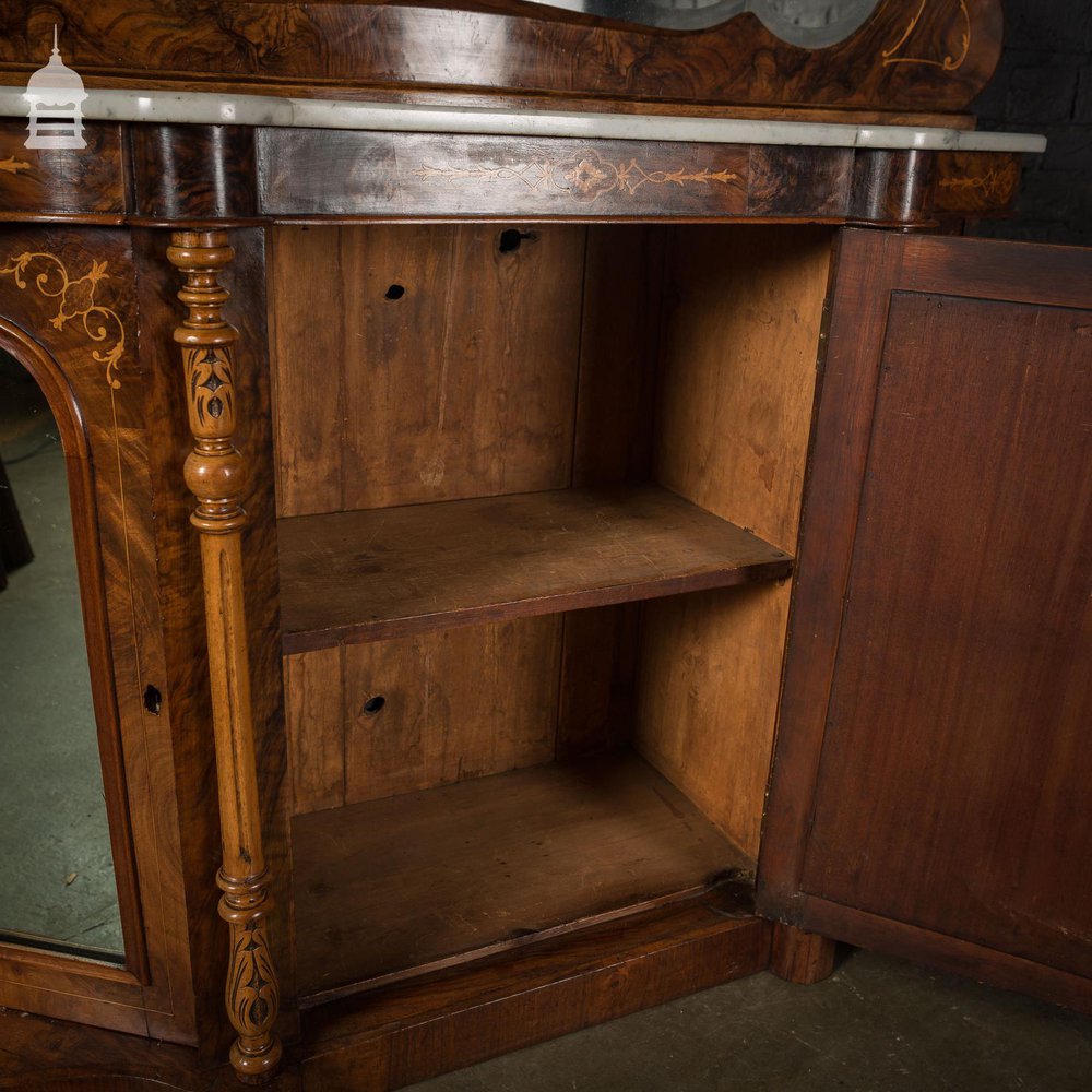 Stunning 19th C Inlaid Rosewood Marble Topped Credenza with Mirror Base and Raised Mirrored Back