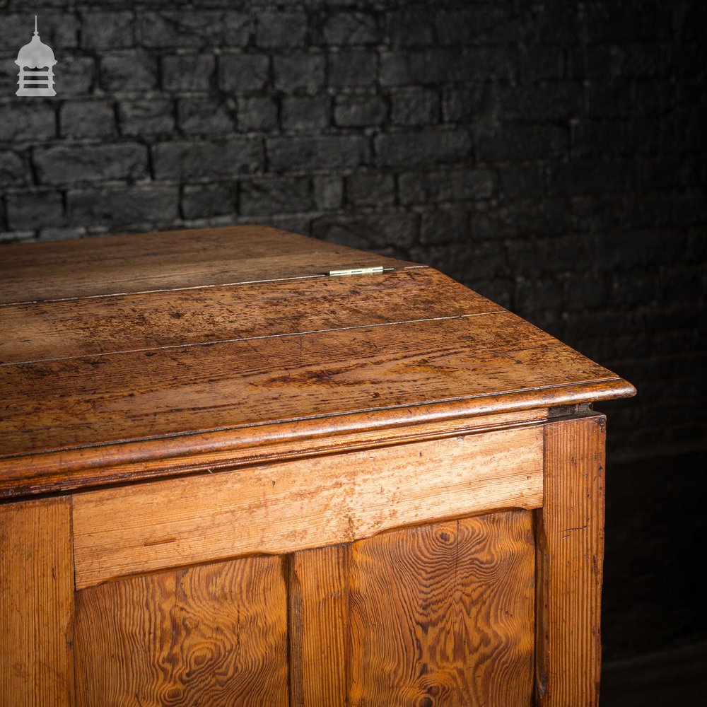 Large 19th C Figured Pitch Pine Ecclesiastical Cupboard with Double Doors, Opening Top and Metal Castors