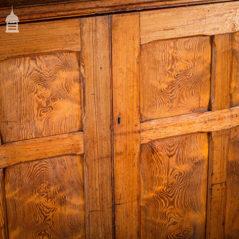 Large 19th C Figured Pitch Pine Ecclesiastical Cupboard with Double Doors, Opening Top and Metal Castors