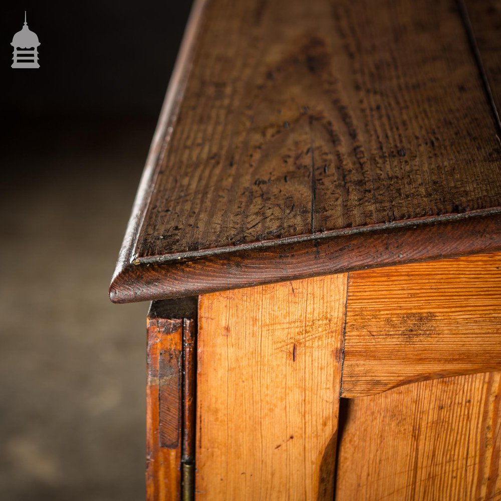 Large 19th C Figured Pitch Pine Ecclesiastical Cupboard with Double Doors, Opening Top and Metal Castors