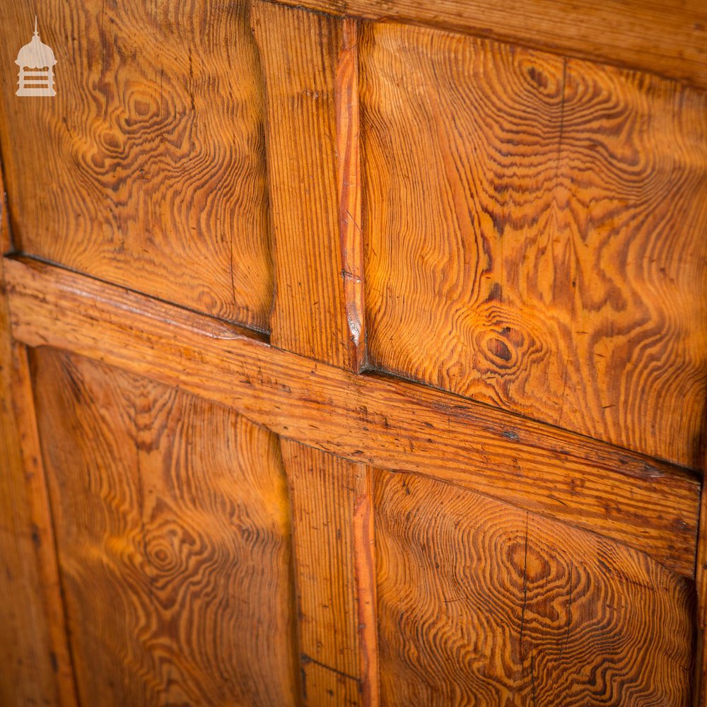 Large 19th C Figured Pitch Pine Ecclesiastical Cupboard with Double Doors, Opening Top and Metal Castors