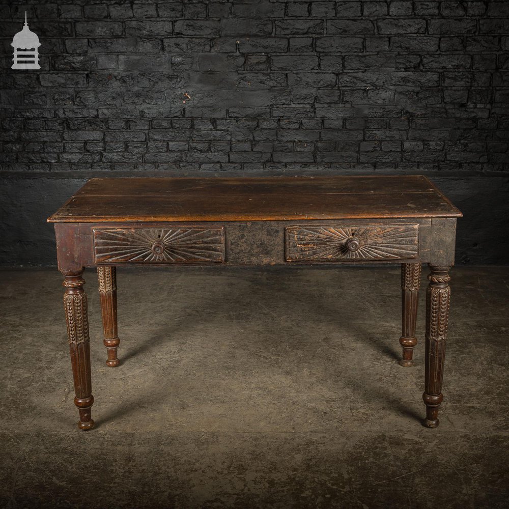 Impressive 18th C Hardwood Side Table with Carved Starburst Drawers