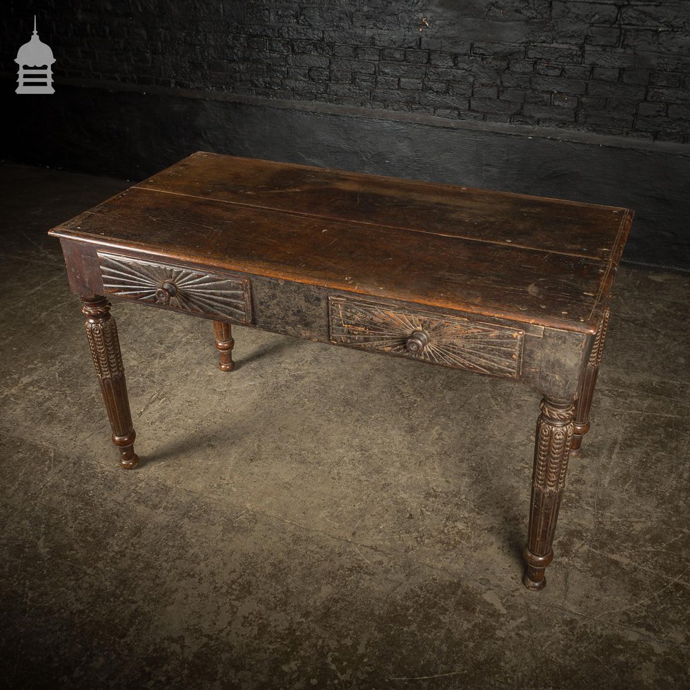 Impressive 18th C Hardwood Side Table with Carved Starburst Drawers