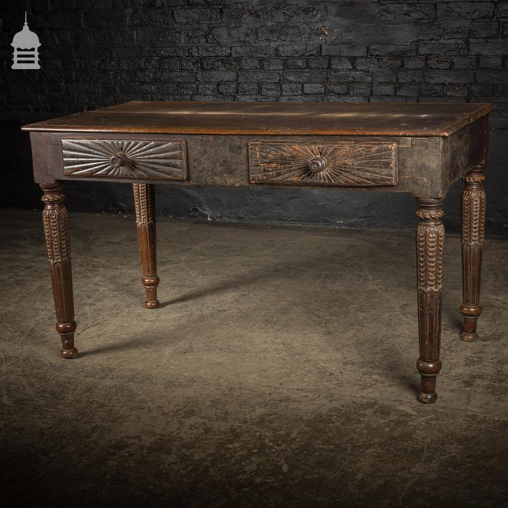 Impressive 18th C Hardwood Side Table with Carved Starburst Drawers