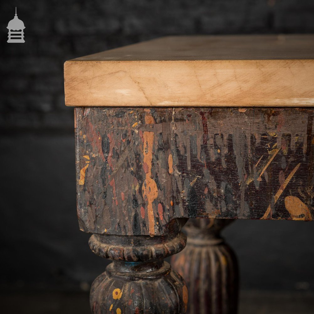 19th C Hardwood Side Table with Reeded Legs and Distressed Paint Finish