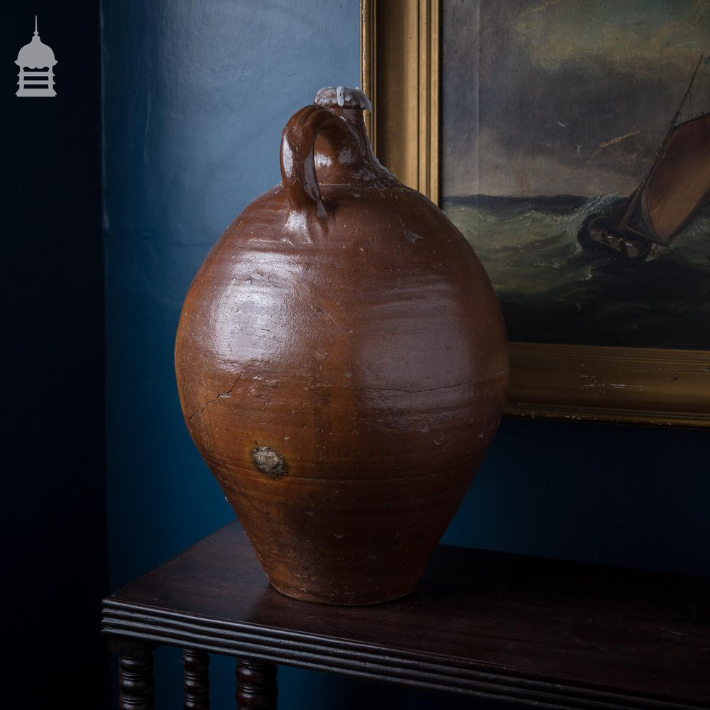 16th C Brown Glaze Stoneware Vessel with Repaired Break