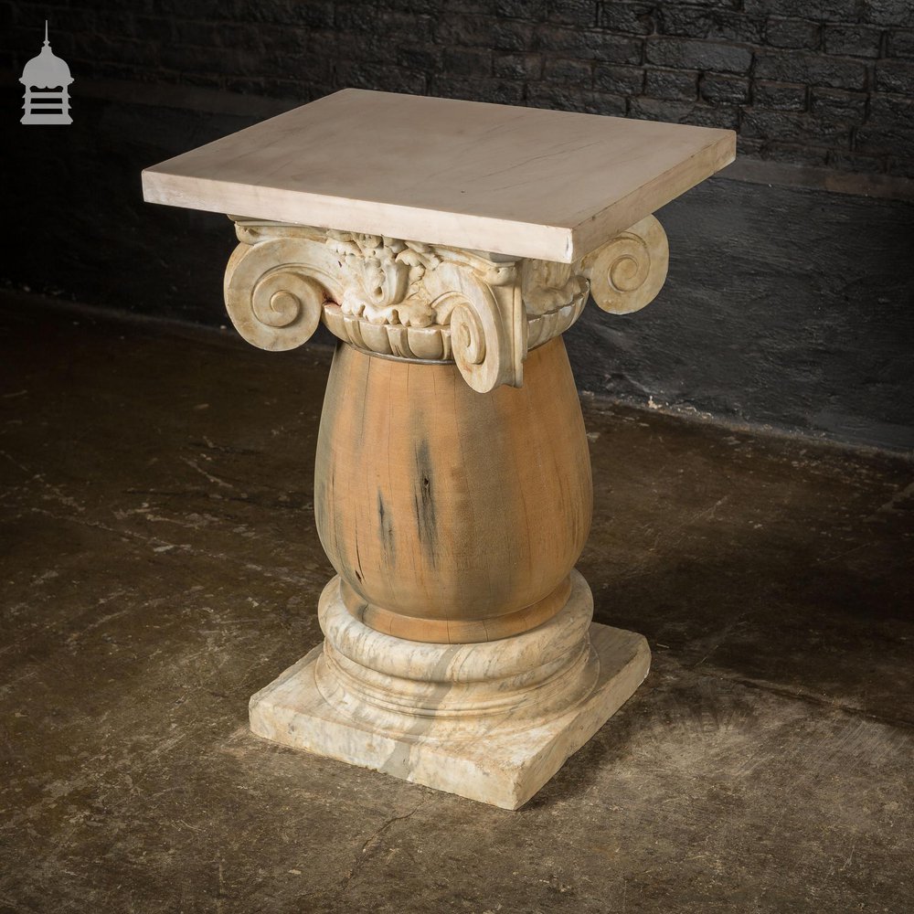 Pair of 19th C Marble Capitals Column Components with Reclaimed Hardwood Pillars Plinths