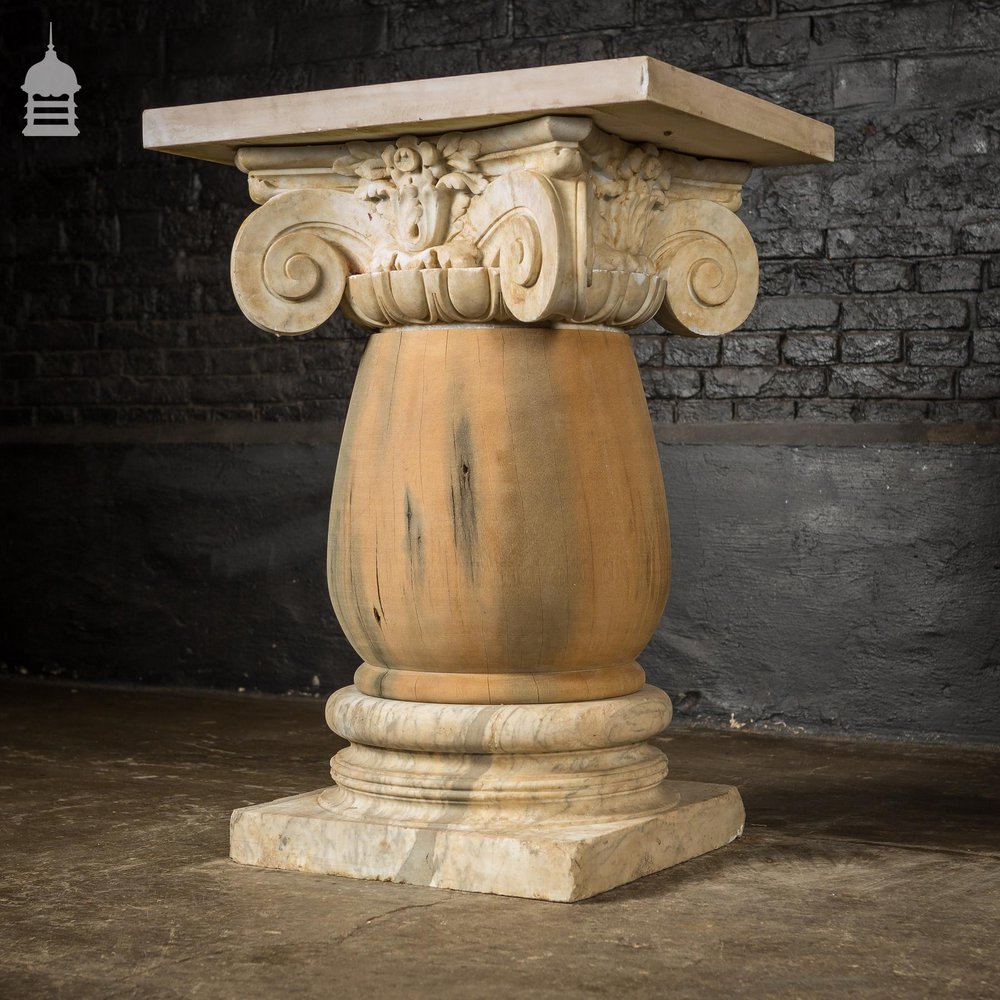 Pair of 19th C Marble Capitals Column Components with Reclaimed Hardwood Pillars Plinths