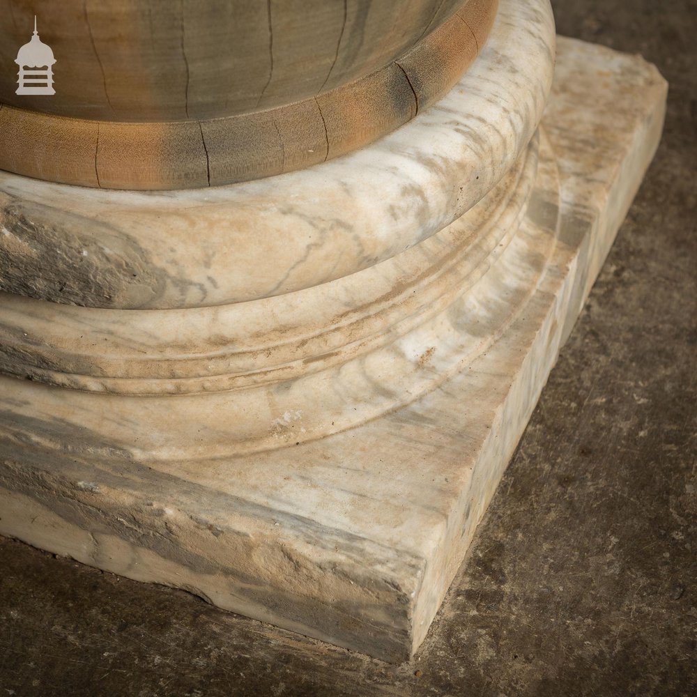 Pair of 19th C Marble Capitals Column Components with Reclaimed Hardwood Pillars Plinths