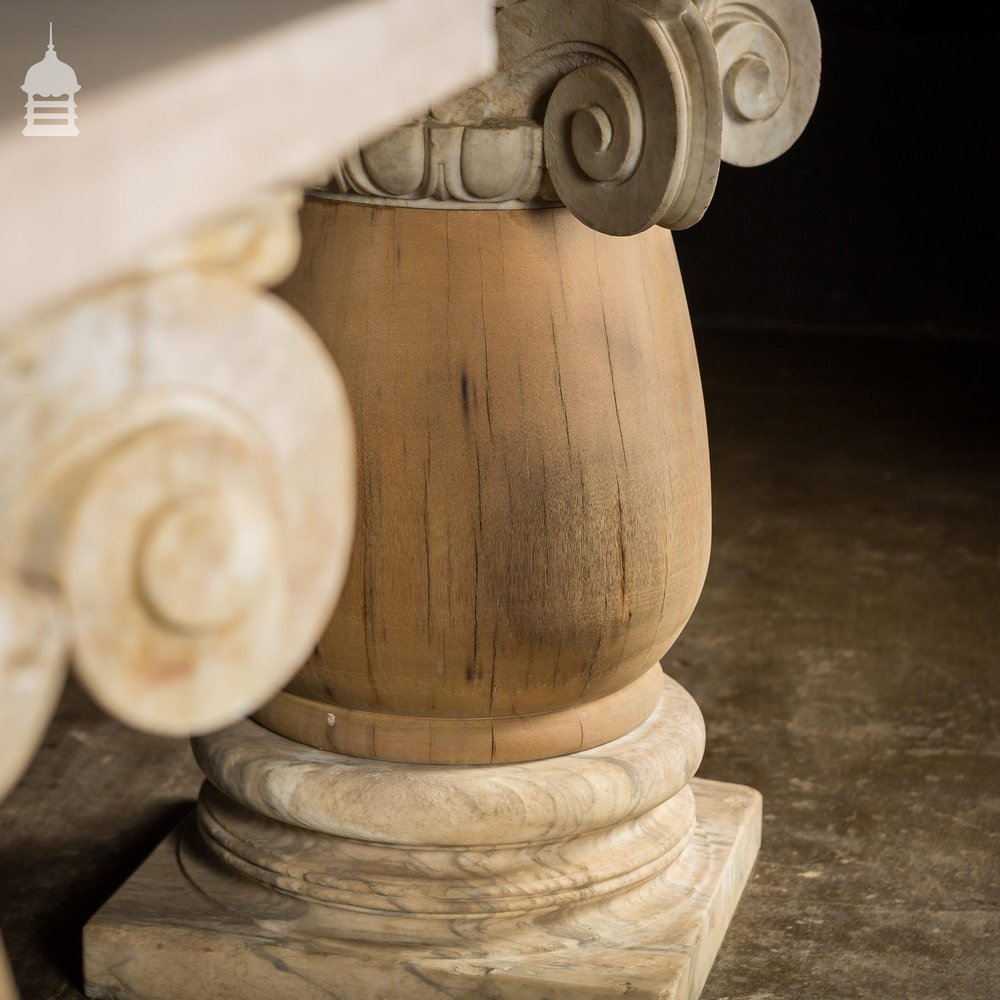 Pair of 19th C Marble Capitals Column Components with Reclaimed Hardwood Pillars Plinths