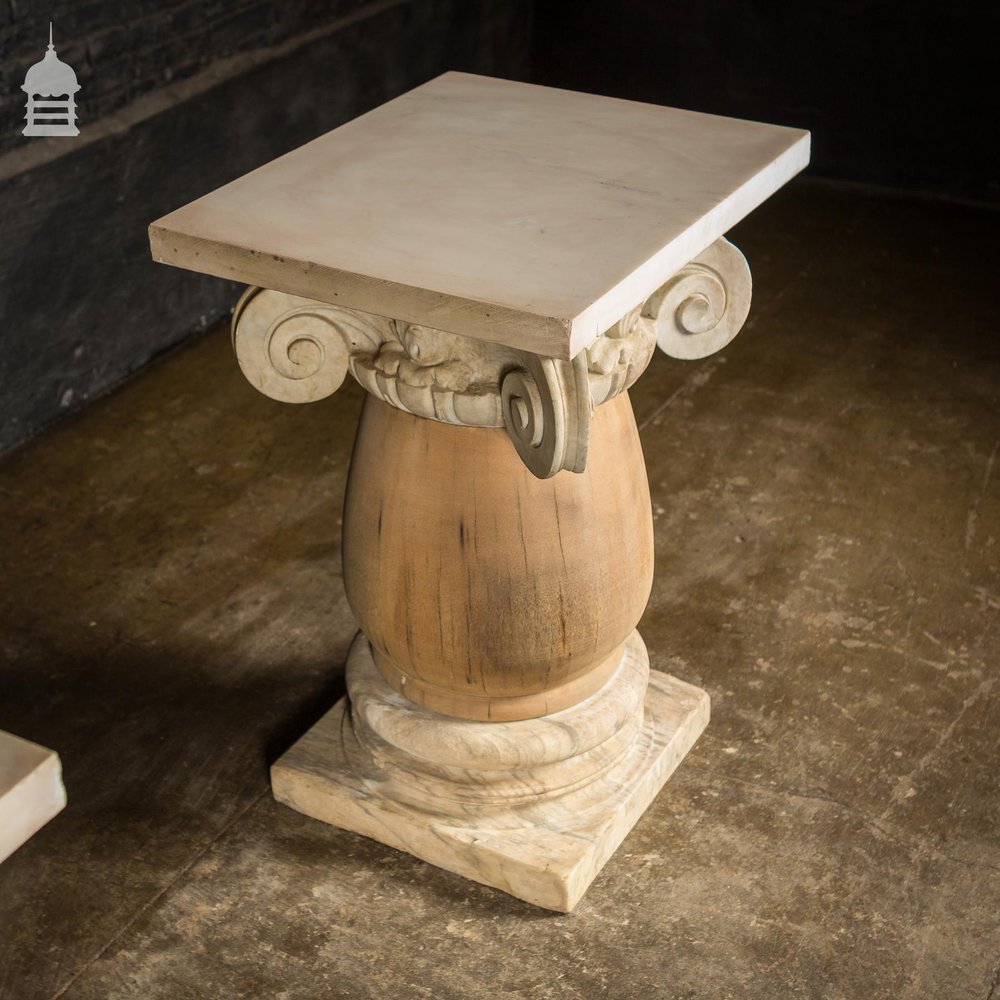 Pair of 19th C Marble Capitals Column Components with Reclaimed Hardwood Pillars Plinths