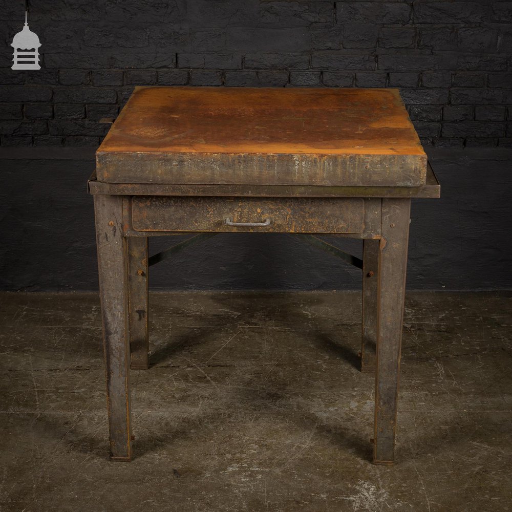 Vintage Industrial Surface Table with Thick Steel Top and Drawer