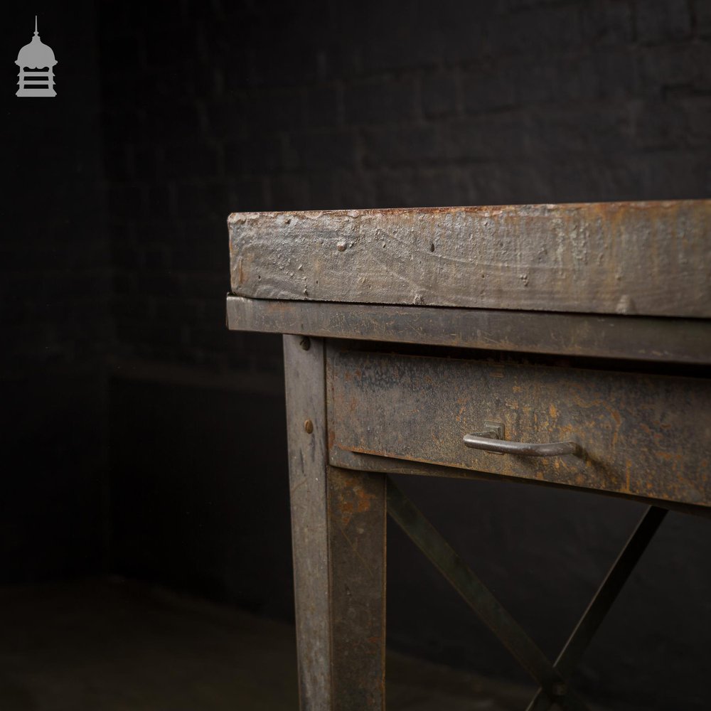 Vintage Industrial Surface Table with Thick Steel Top and Drawer