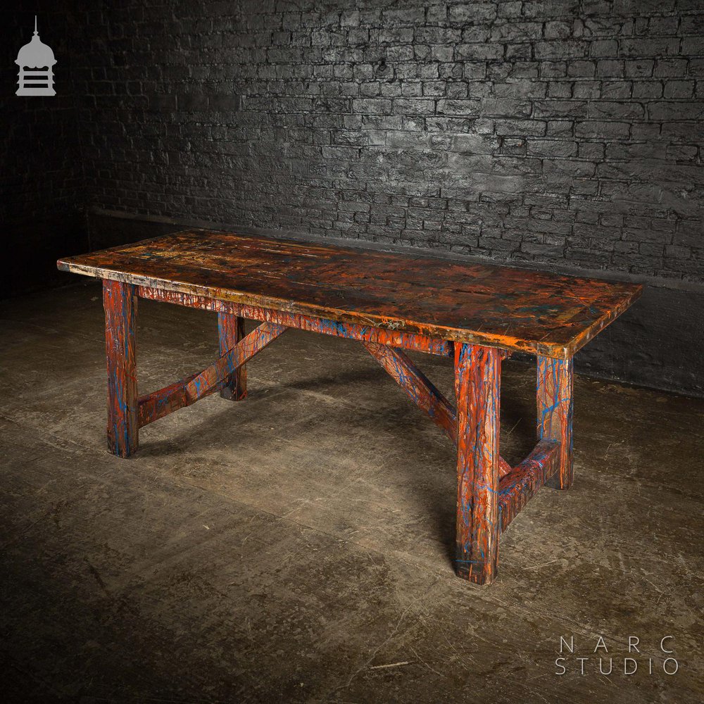 NARC STUDIO Pine Splay Leg Trestle Table With Abstract Painted Finish