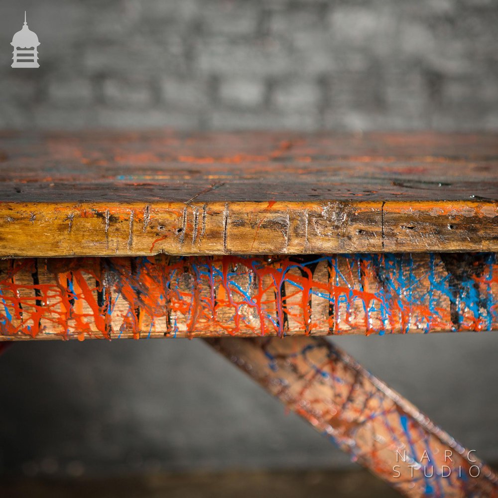 NARC STUDIO Pine Splay Leg Trestle Table With Abstract Painted Finish