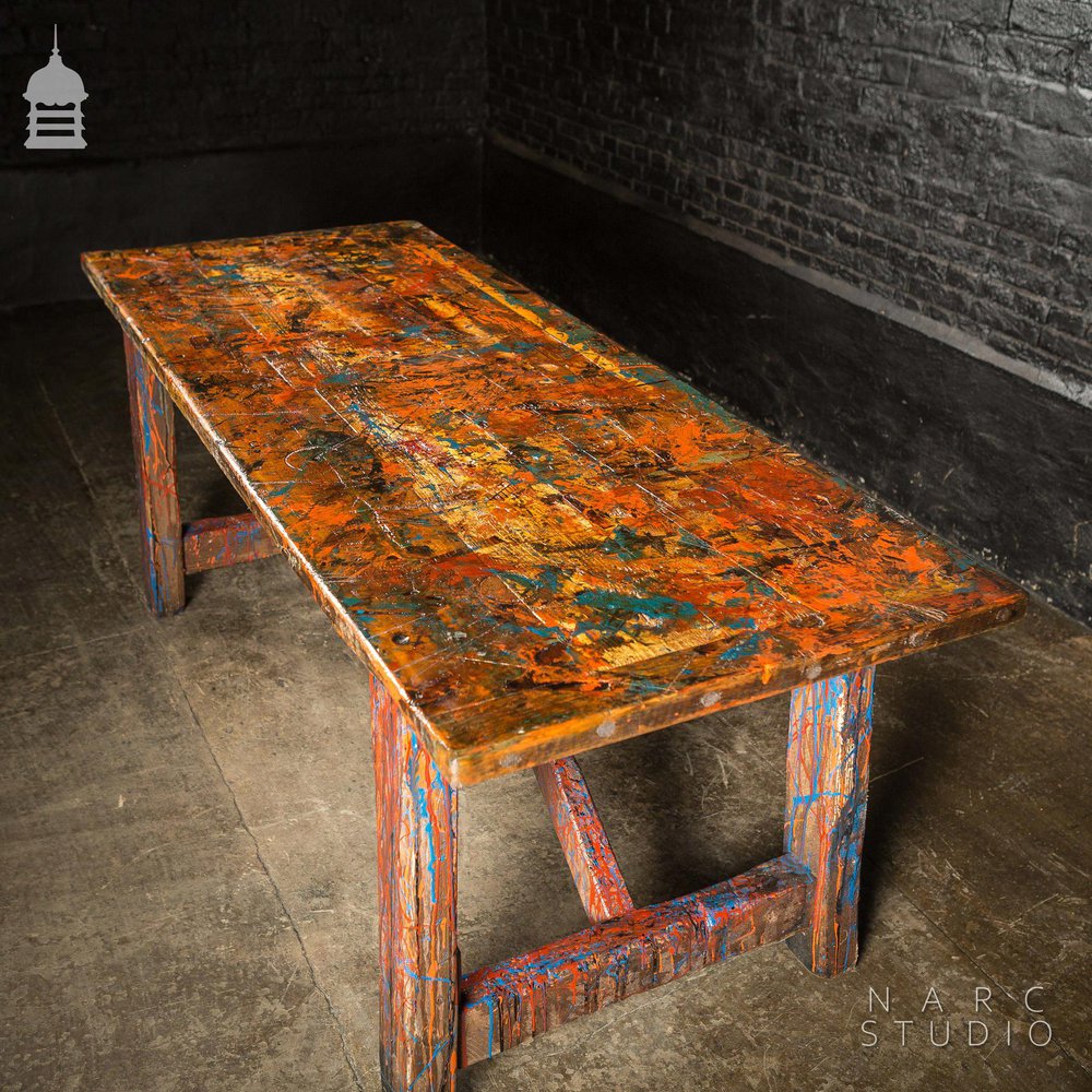 NARC STUDIO Pine Splay Leg Trestle Table With Abstract Painted Finish