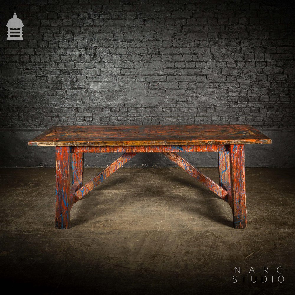 NARC STUDIO Pine Splay Leg Trestle Table With Abstract Painted Finish