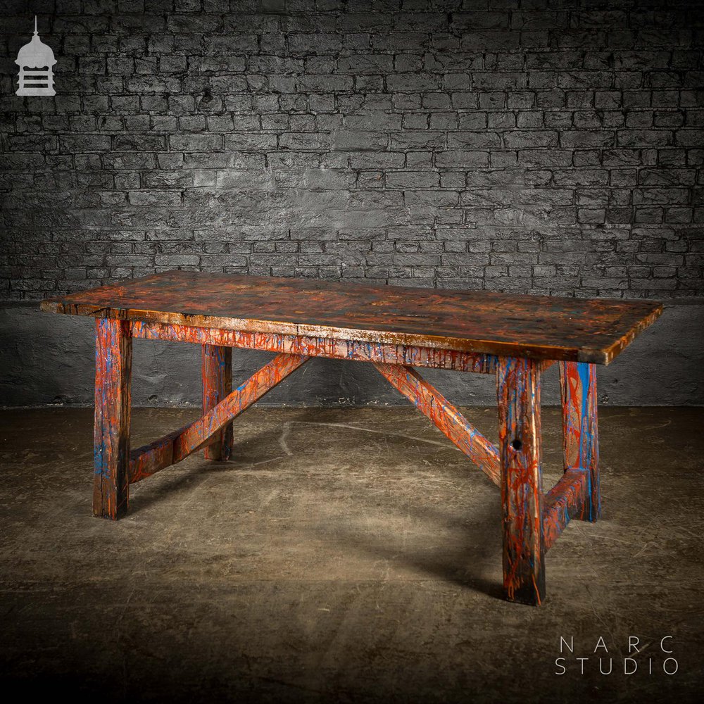 NARC STUDIO Pine Splay Leg Trestle Table With Abstract Painted Finish