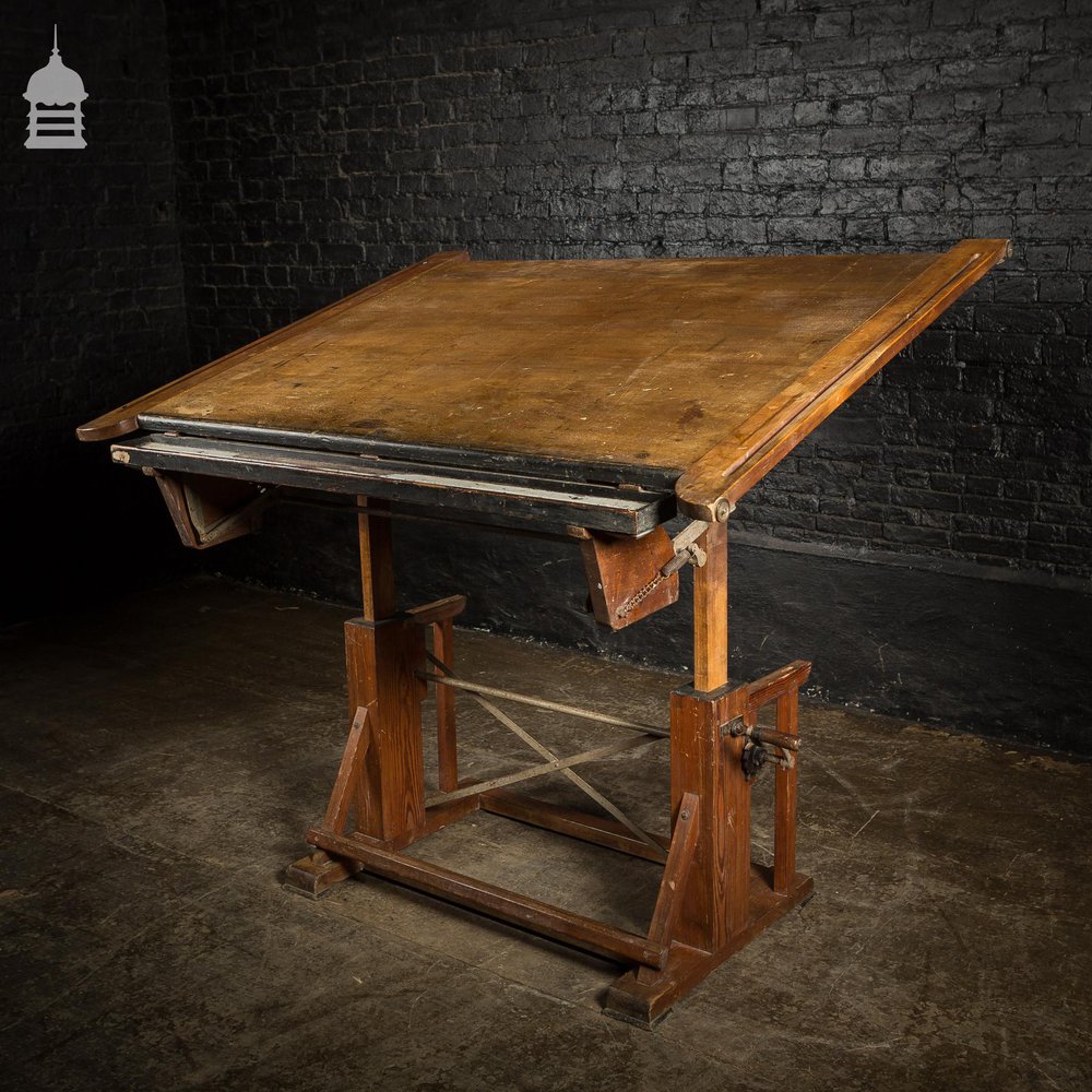 19th C Architects Table with Pitch Pine Mechanical Base and Hardwood Desktop