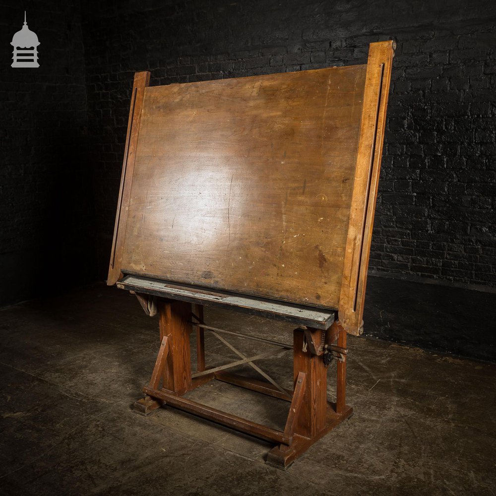 19th C Architects Table with Pitch Pine Mechanical Base and Hardwood Desktop