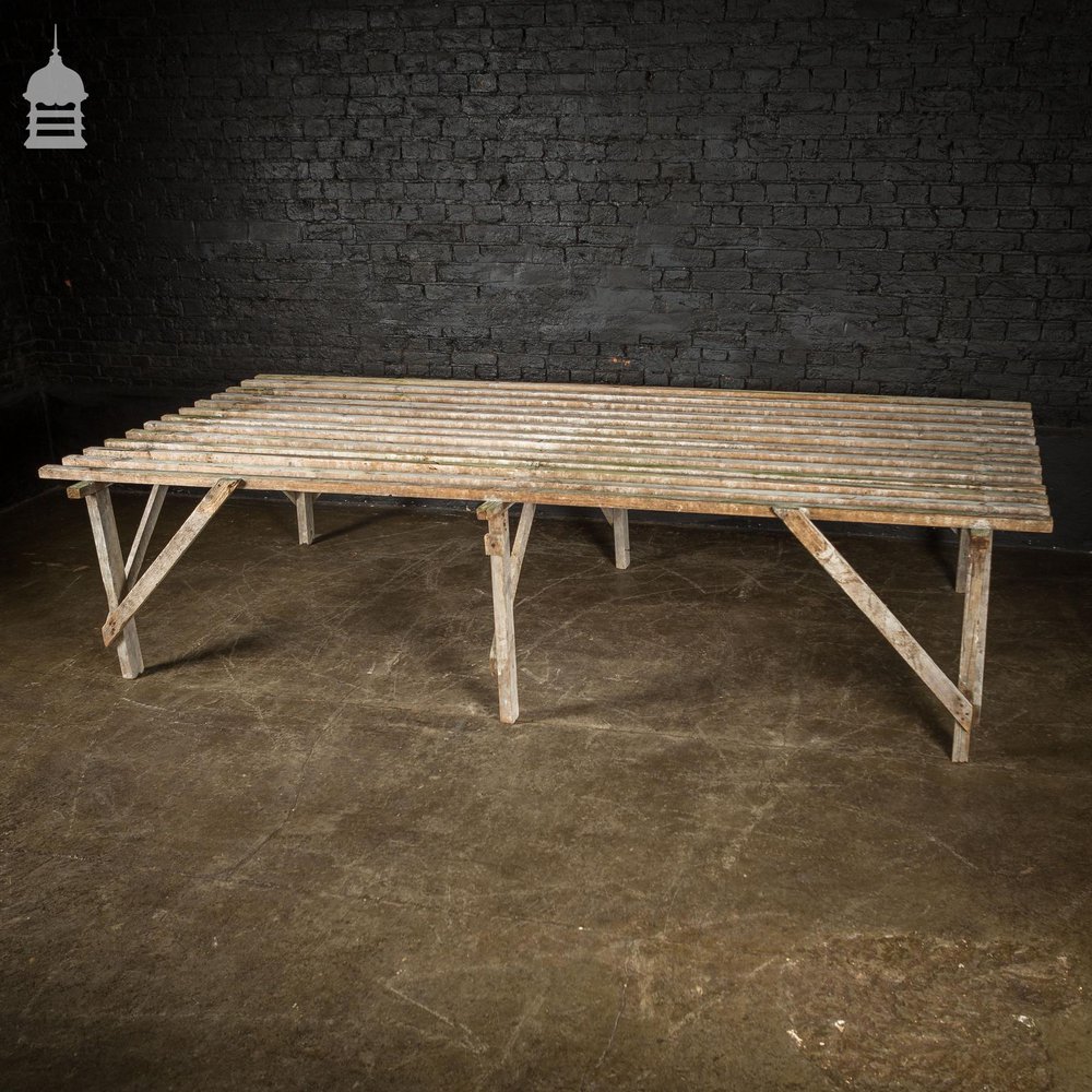 Bygone Slatted Pine Workbench Table with White Washed Finish