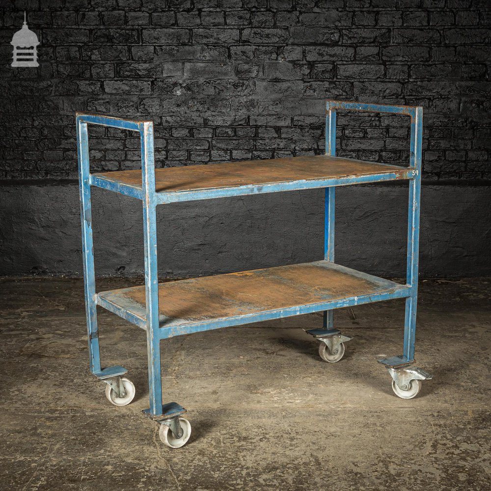 Vintage Industrial Blue Steel Wheeled Trolley Mobile Shelving Unit