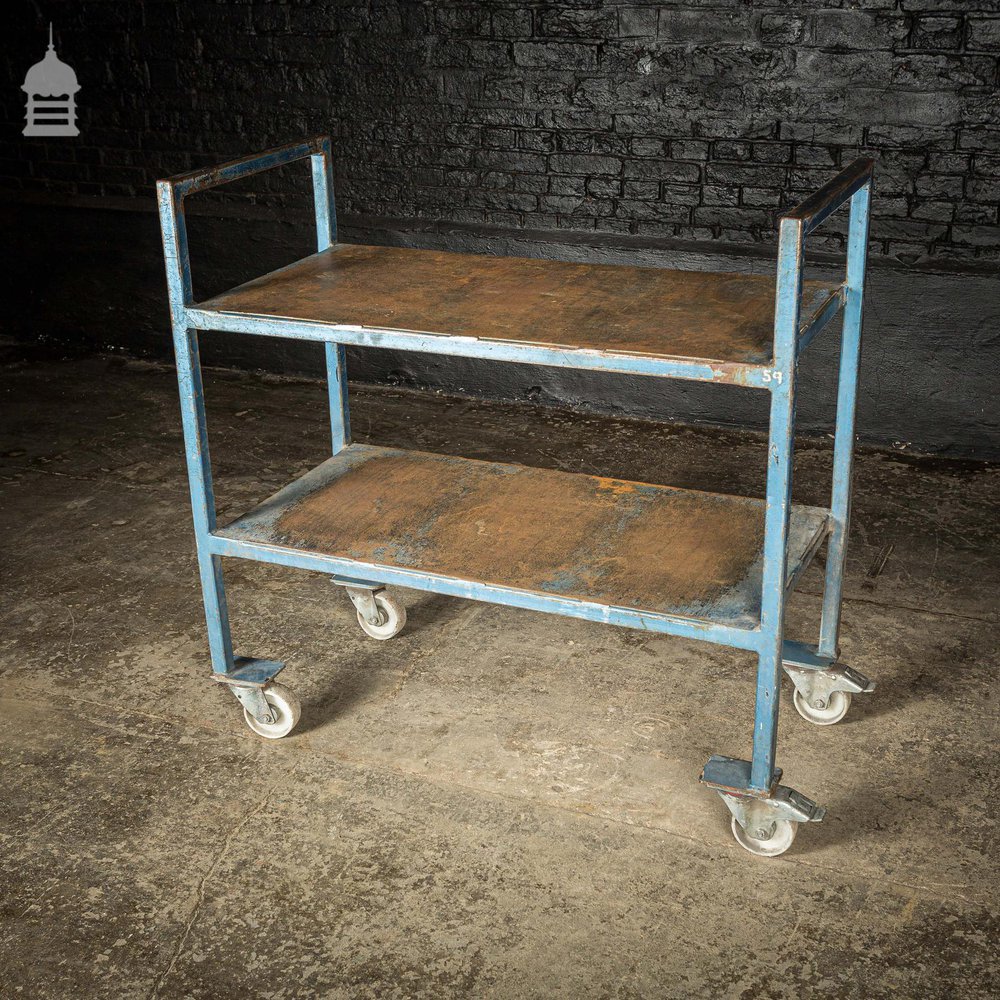 Vintage Industrial Blue Steel Wheeled Trolley Mobile Shelving Unit