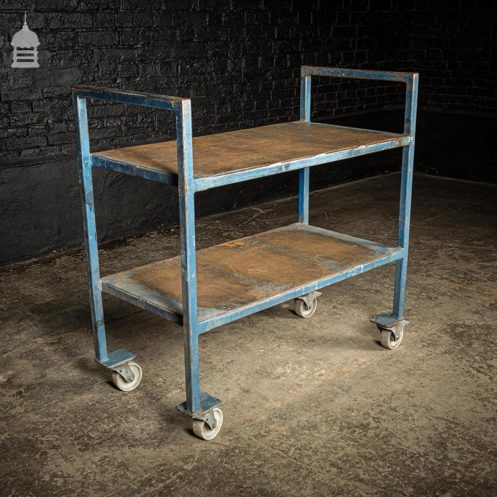 Vintage Industrial Blue Steel Wheeled Trolley Mobile Shelving Unit