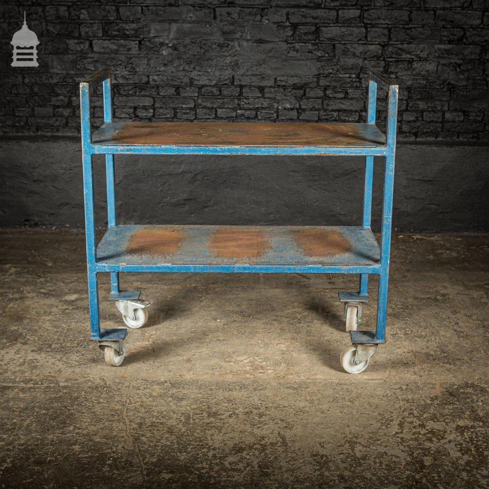 Vintage Industrial Blue Steel Wheeled Trolley Mobile Shelving Unit