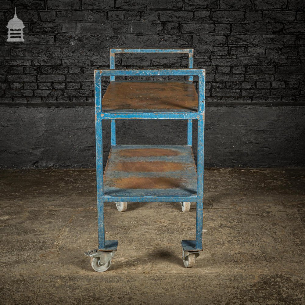 Vintage Industrial Blue Steel Wheeled Trolley Mobile Shelving Unit