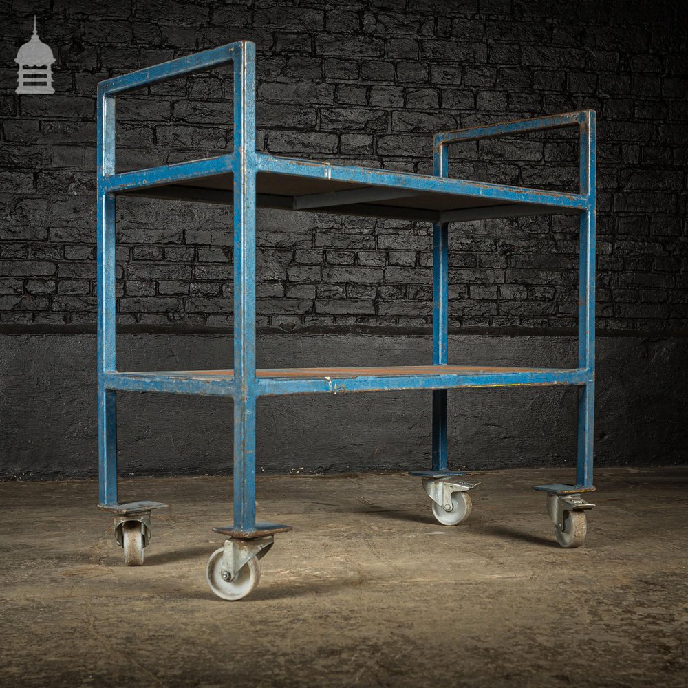 Vintage Industrial Blue Steel Wheeled Trolley Mobile Shelving Unit