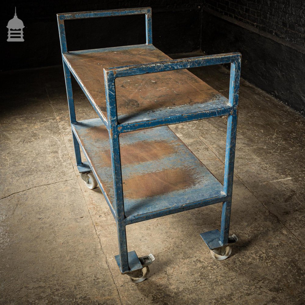 Vintage Industrial Blue Steel Wheeled Trolley Mobile Shelving Unit