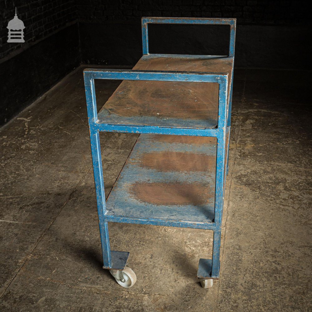 Vintage Industrial Blue Steel Wheeled Trolley Mobile Shelving Unit