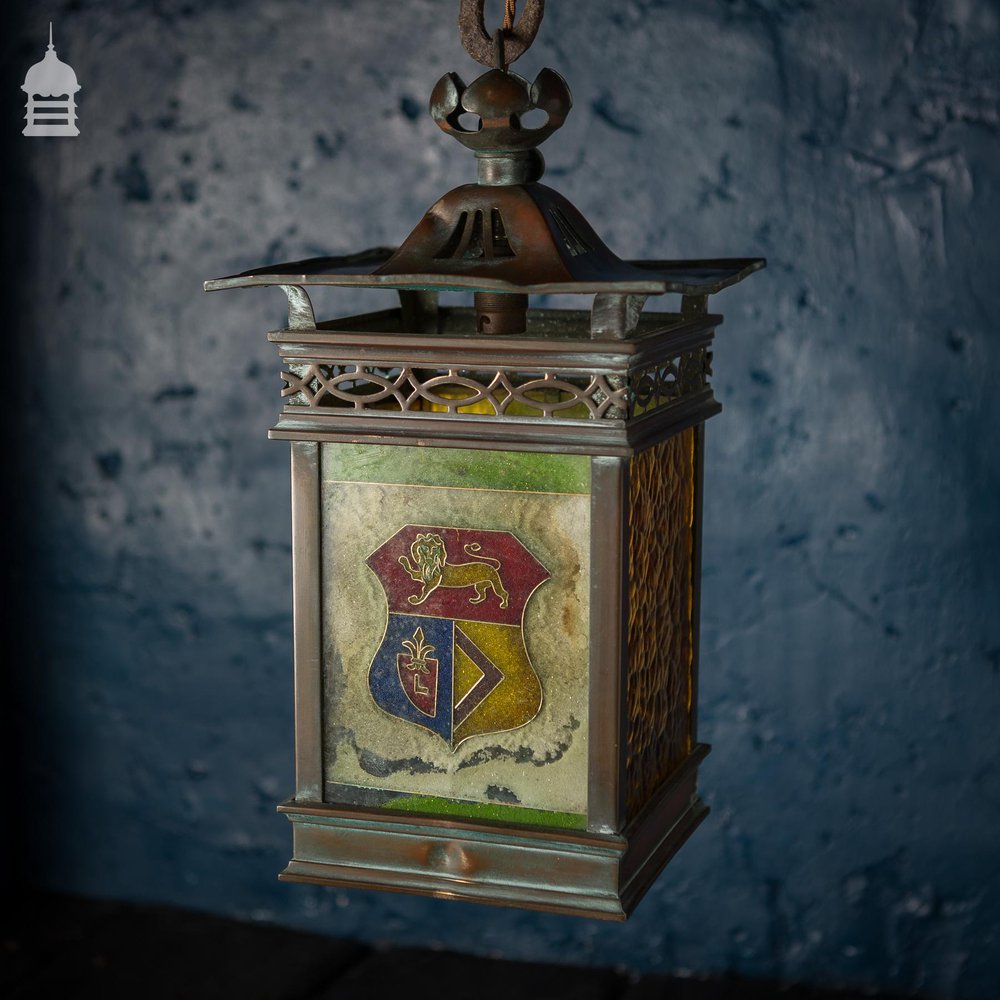 19th C Arts & Crafts Copper Lantern with Heraldic Shield Coloured Glass