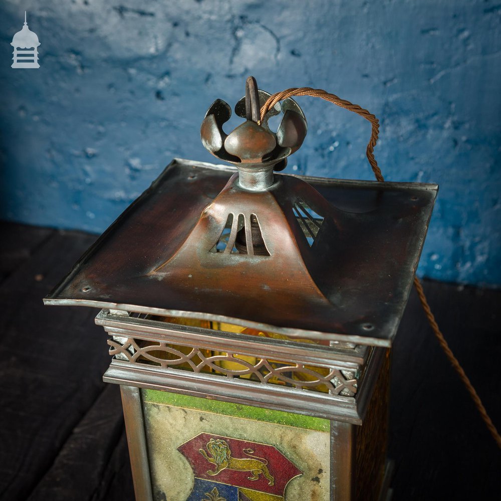 19th C Arts & Crafts Copper Lantern with Heraldic Shield Coloured Glass