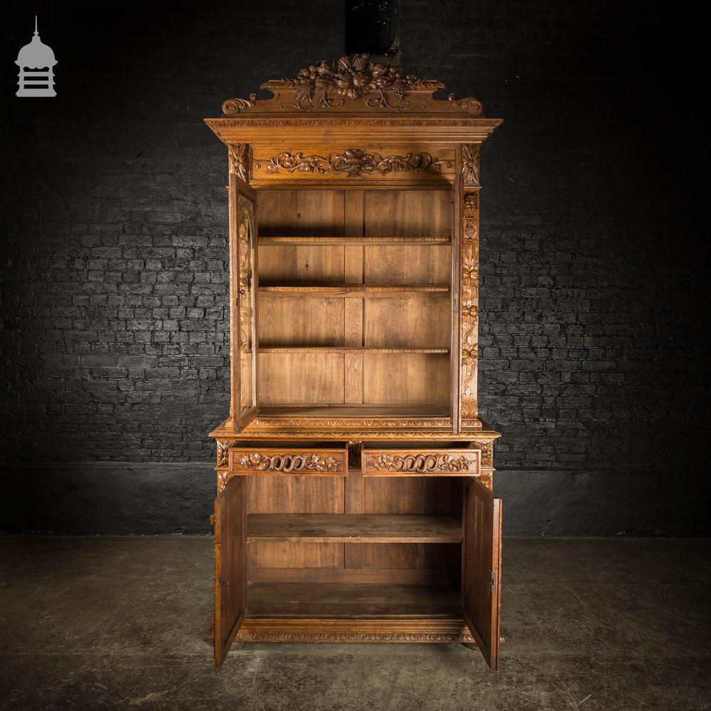 19th C European Elaborately Carved Glazed Gothic Tall Sideboard