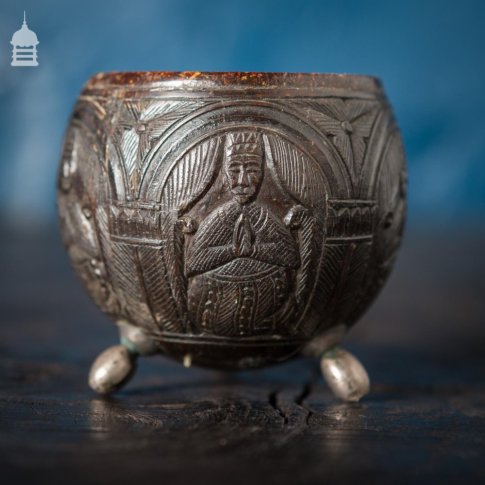 Pair of Antique South East Asian Carved Coconut Cups On Silver Feet