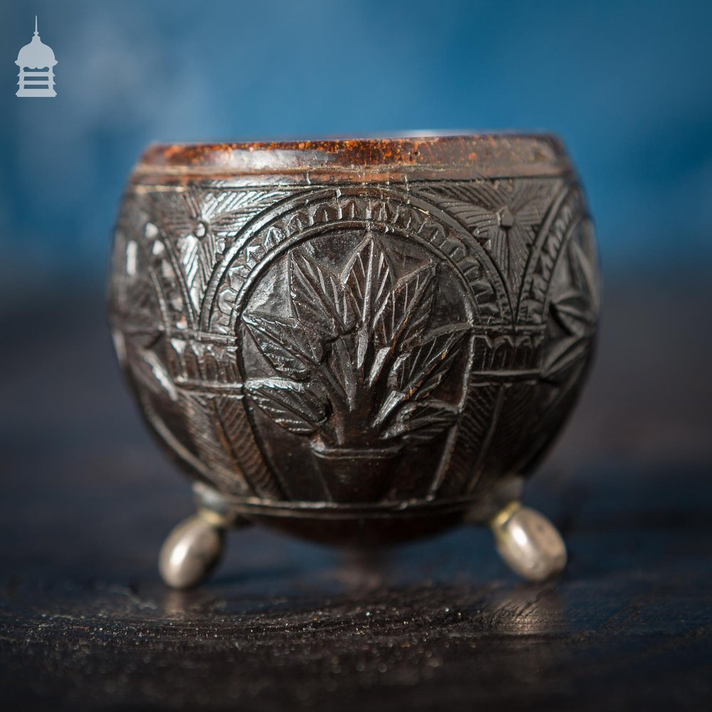 Pair of Antique South East Asian Carved Coconut Cups On Silver Feet