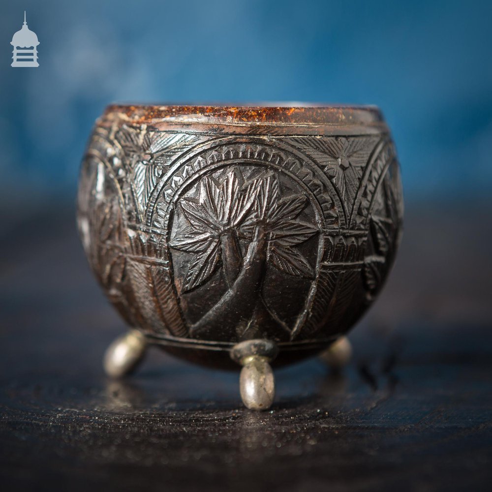 Pair of Antique South East Asian Carved Coconut Cups On Silver Feet