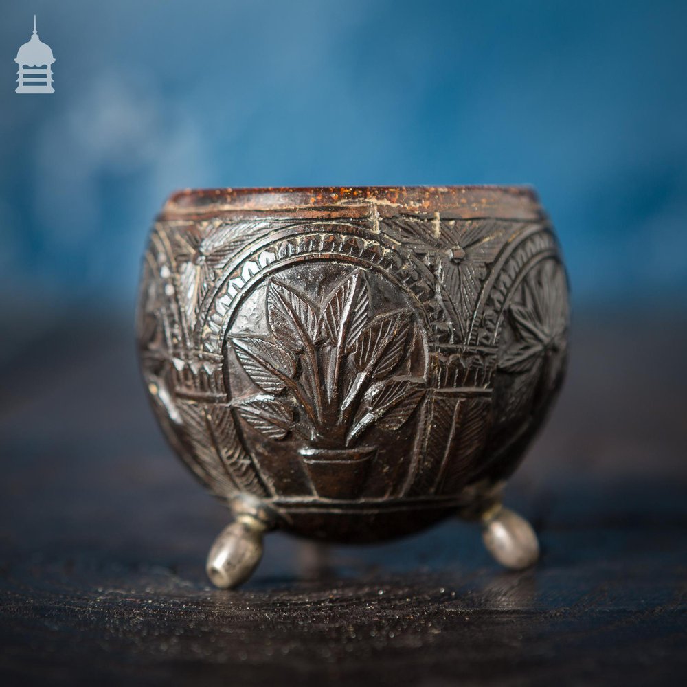 Pair of Antique South East Asian Carved Coconut Cups On Silver Feet