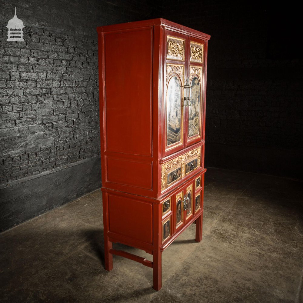 19th C Detailed Chinese Red Lacquer Cabinet