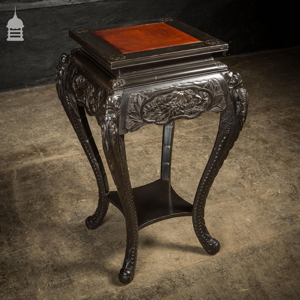 Dark Finish Anglo Indian Jardinière Stand with Leather Top