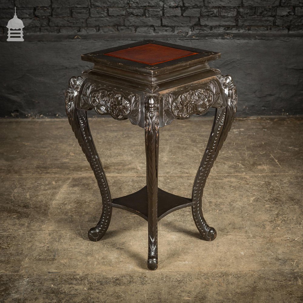 Dark Finish Anglo Indian Jardinière Stand with Leather Top