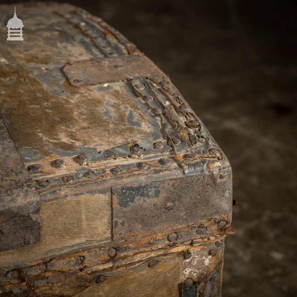 19th C Wooden Trunk covered in Hide with Metal Strapping, Studs and E.V Monogram on Lid