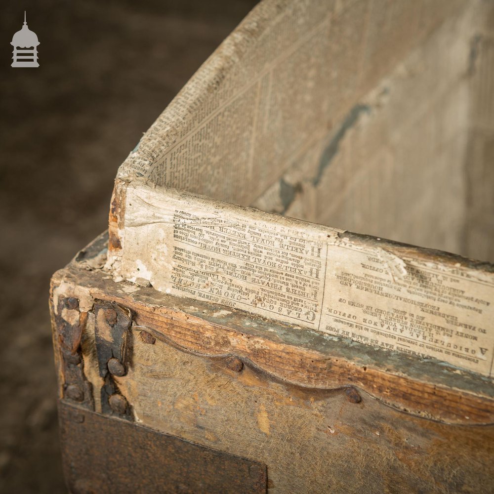 19th C Wooden Trunk covered in Hide with Metal Strapping, Studs and E.V Monogram on Lid