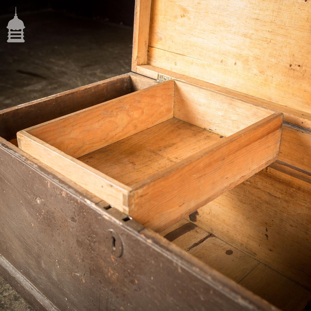 Vintage Wooden Tool Chest with Brown Flaky Paint and Removable Internal Tray